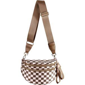 👑Women's Brown White Nylon Checkered Classic Adjustable Straps Crossbody Bag